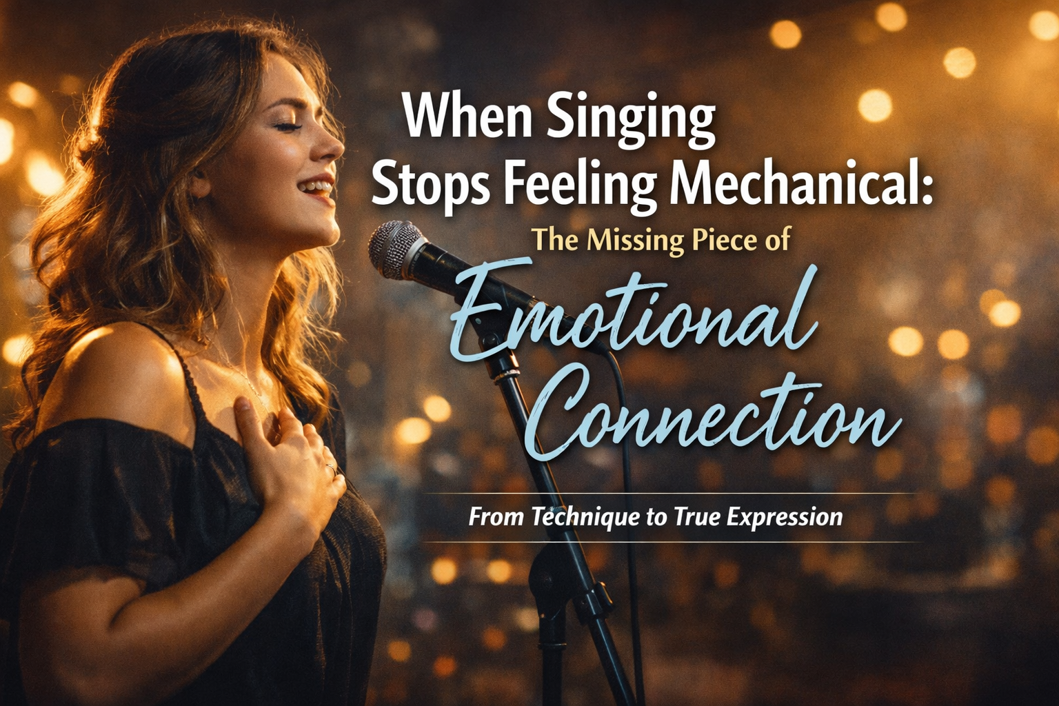Female singer performing with eyes closed and hand on chest, expressing deep emotion into a microphone with warm stage lights in the background, representing emotional connection in singing