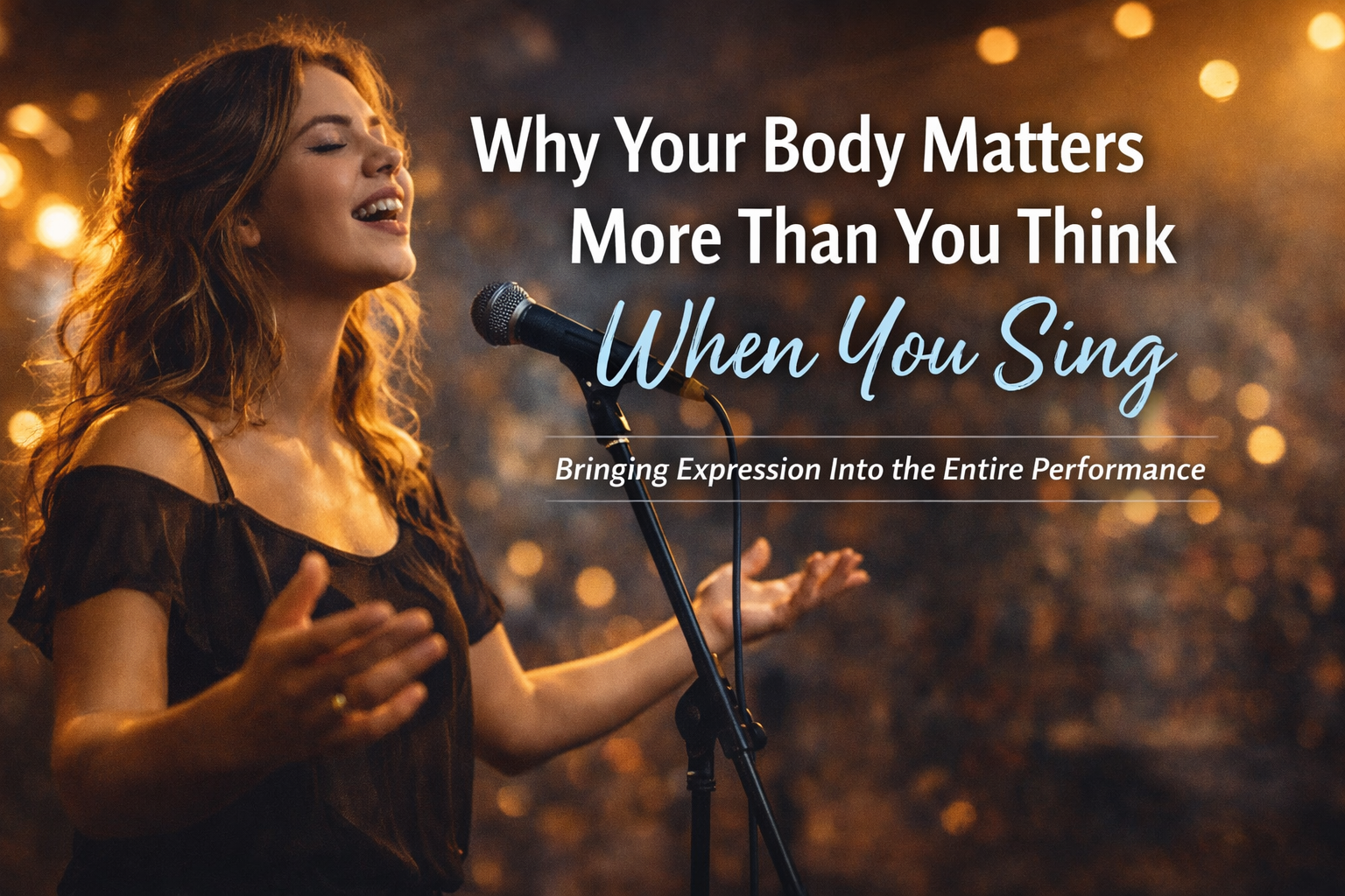Female singer performing with open arms and expressive posture under warm stage lights, demonstrating body language and physical expression in singing