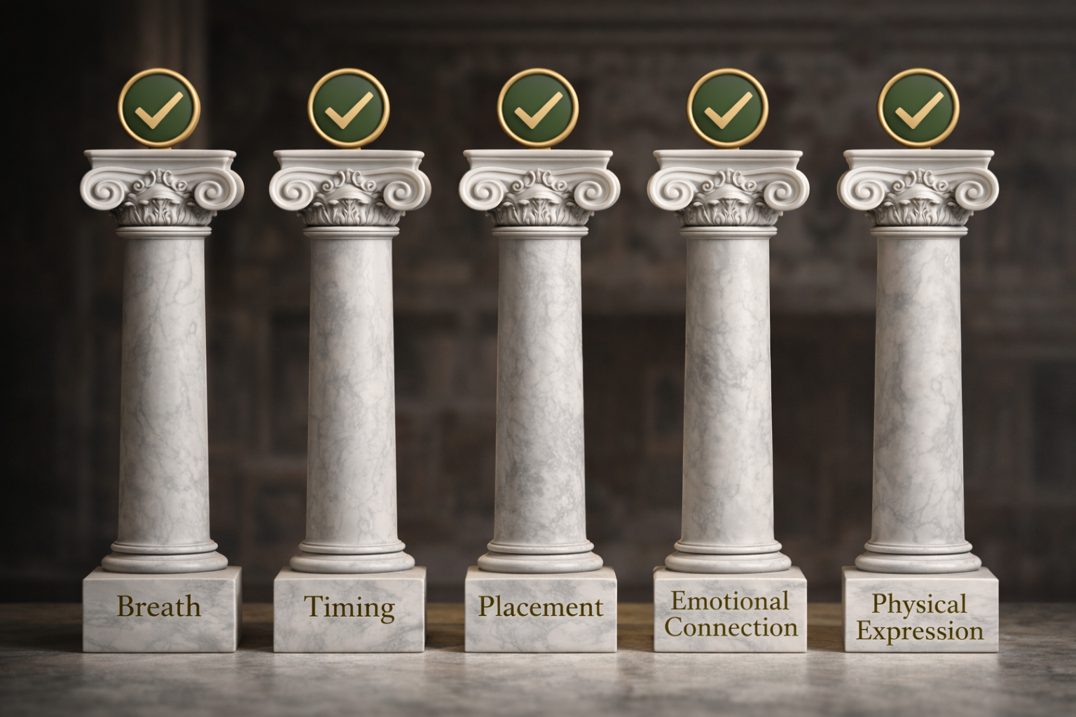 Five marble pillars representing the complete system of singing technique with check marks indicating mastery