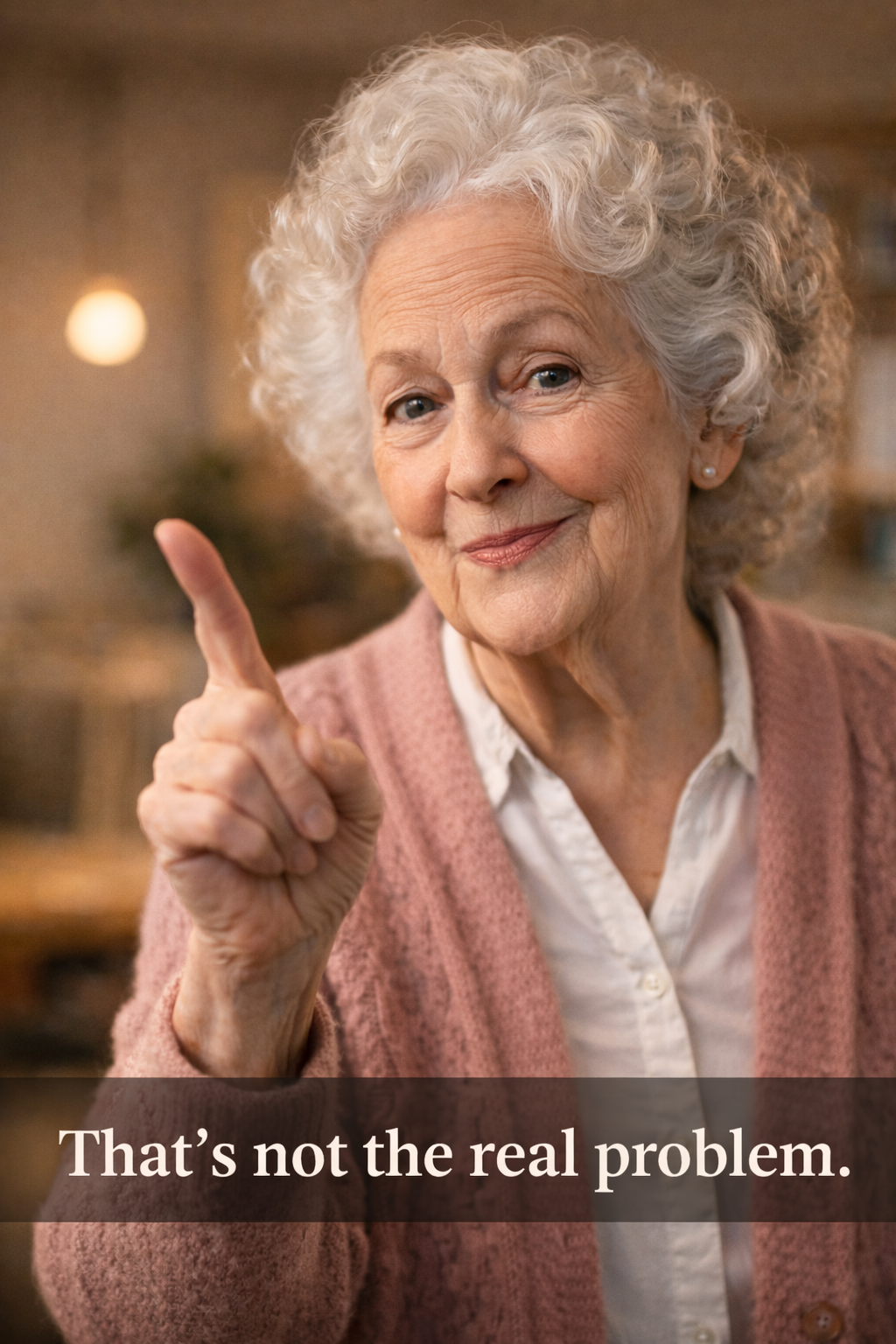 Elderly woman with a knowing expression pointing her finger, representing deeper insight into vocal problems