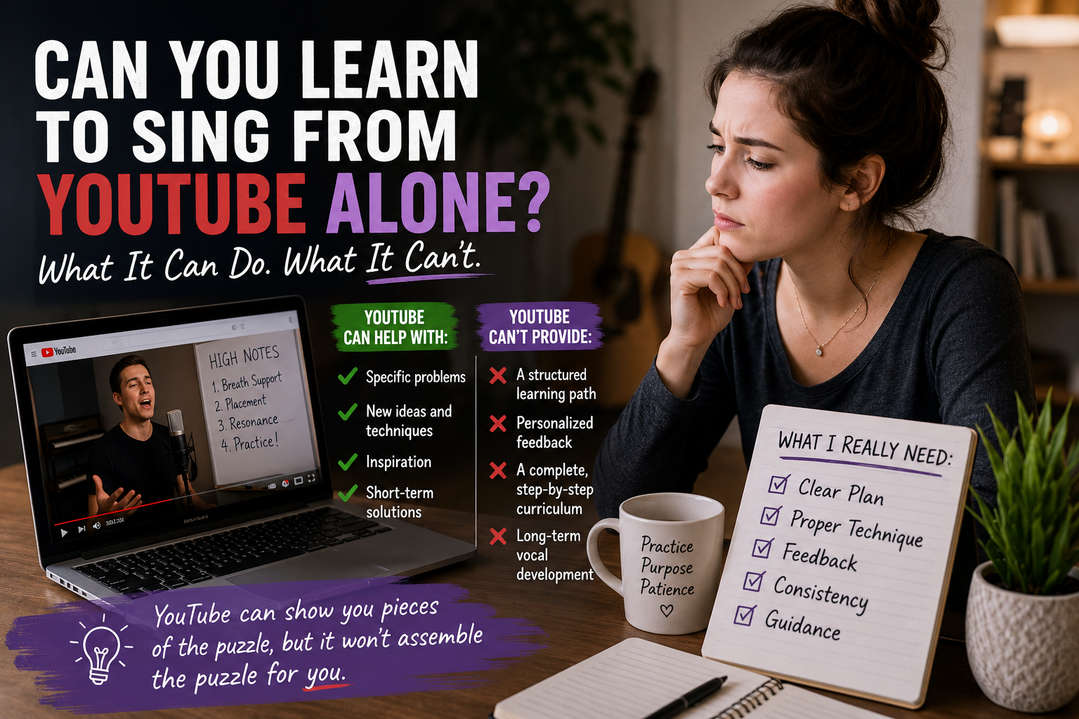 Can You Learn to Sing From YouTube Alone Singer watching a YouTube vocal lesson on a laptop while taking notes, comparing what YouTube can and cannot provide for learning to sing