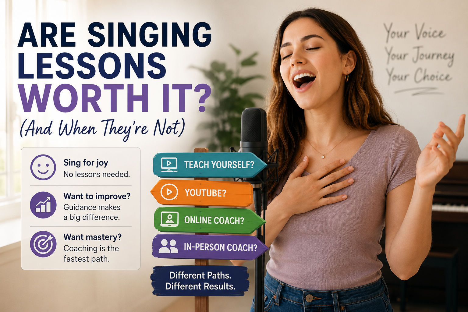 Different Paths to Learning to Sing and When Lessons Are Worth It Singer performing into a microphone beside a signpost showing options like self-teaching, YouTube, and vocal coaching, representing different paths to learning how to sing