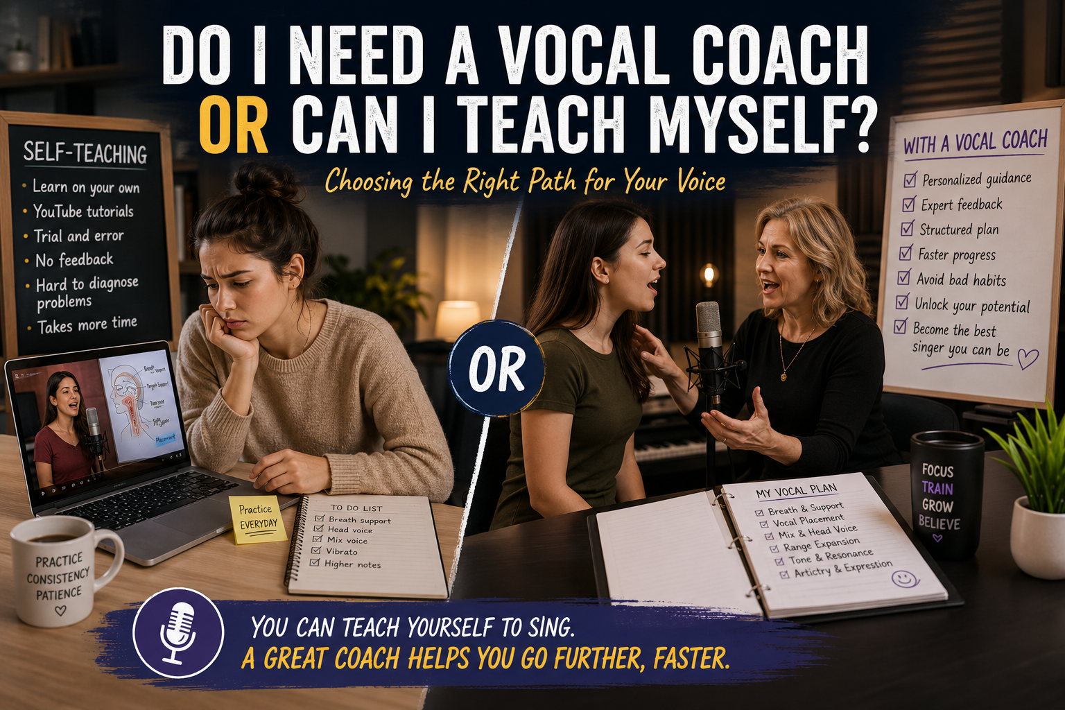 Do I Need a Vocal Coach or Can I Teach Myself Singer practicing alone while comparing self teaching with guidance from a vocal coach, representing different paths to learning to sing