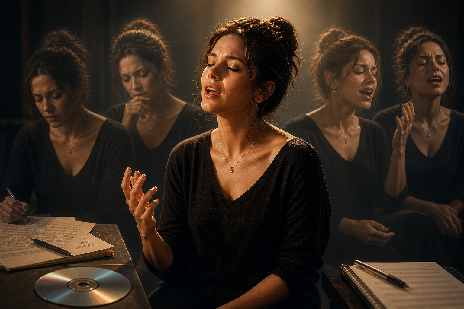 song-interpretation-evolution-singer Singer exploring multiple vocal expressions during rehearsal, illustrating how a song evolves from a simple demo into a personal performance
